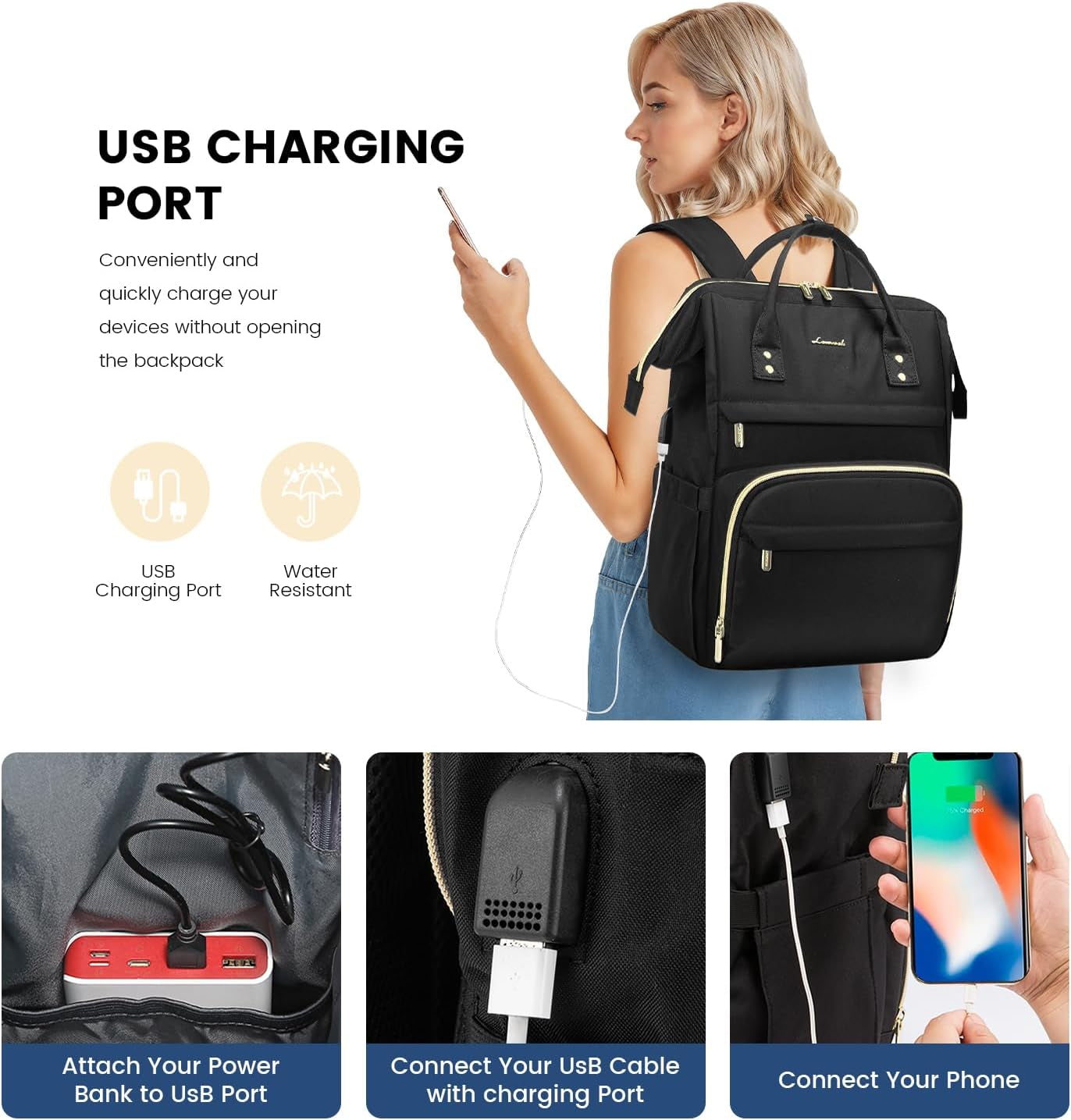 Laptop Backpack Women Teacher Backpack Nurse Bags, 17 Inch Womens Work Backpack Purse Waterproof Anti-Theft Travel Back Pack with USB Charging Port (Black)